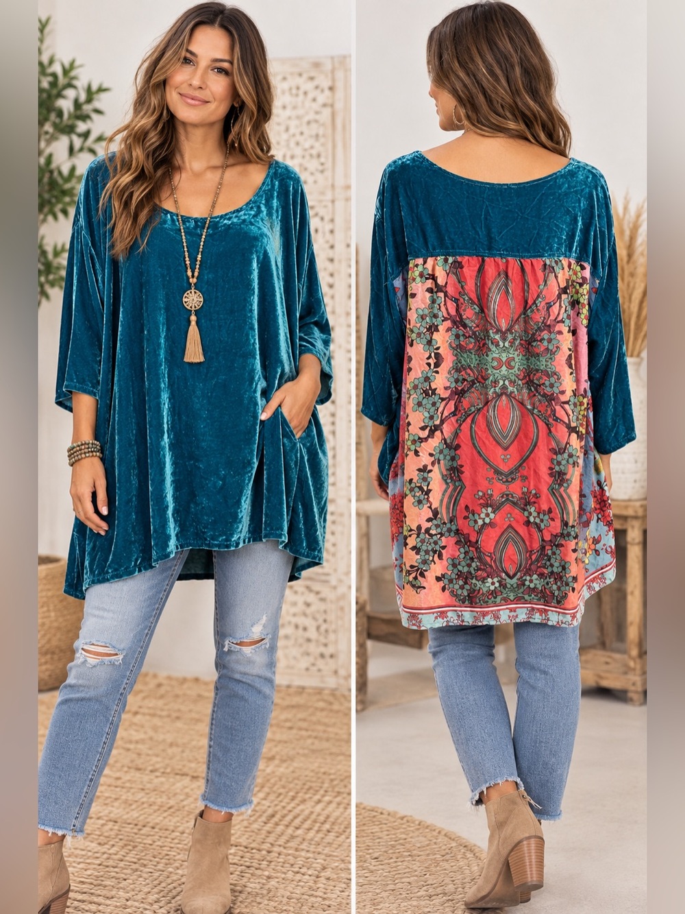 Johnny Was "Lucia" Velvet Trim Mix Tunic